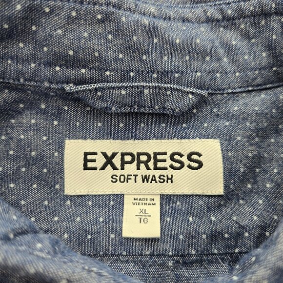 Express Shirt Mens XL Blue‎ Polka Dots Soft Wash Button Down Long Sleeve Preppy - Picture 6 of 8